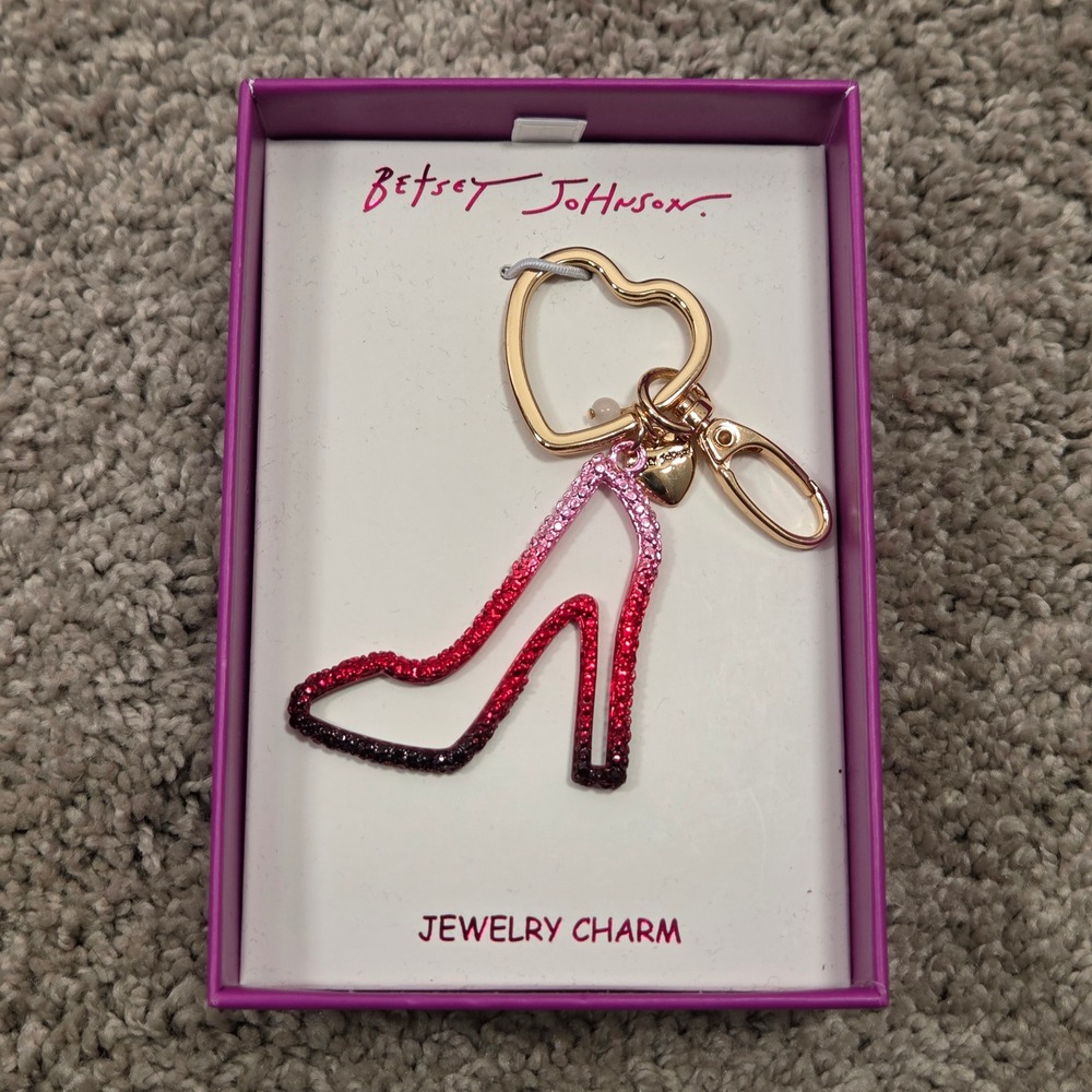 Betsey Johnson Rhinestone High Heel Shoe Keychain Charm Pink Red‎ Heart Clip NWT